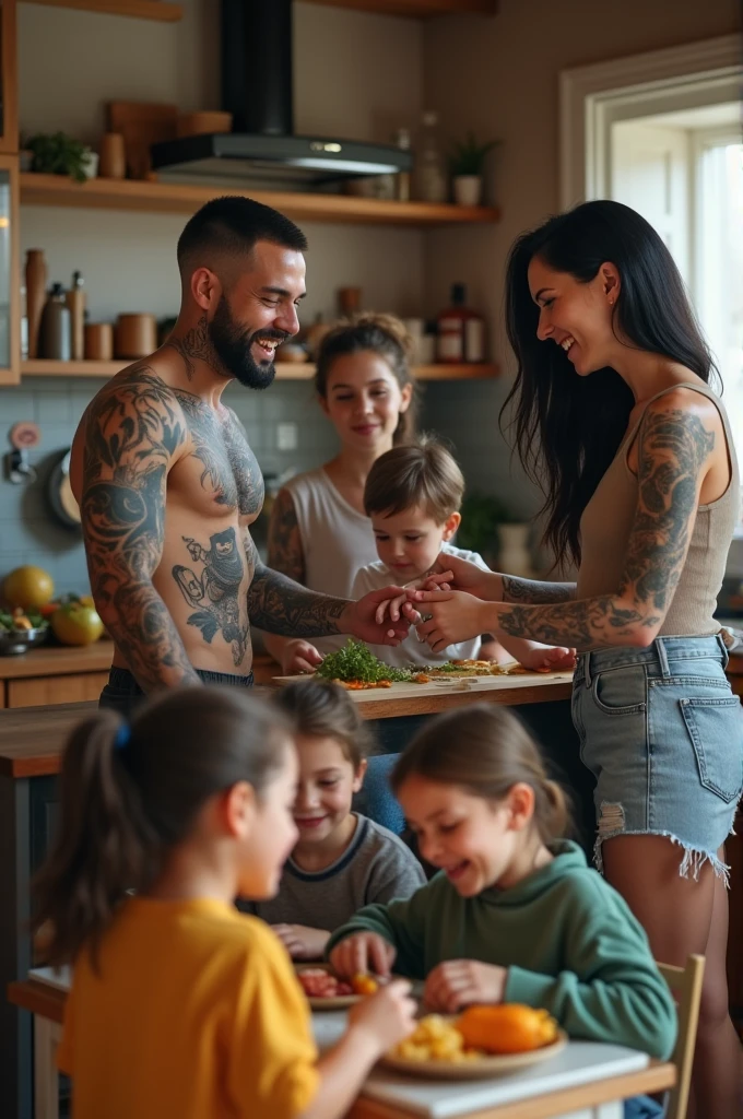 Extremely beautiful and tattooed heterosexual couple at home with their four children in the kitchen, being three girls and one . He has short hair and a black beard. She has long, black hair. The couple is laughing and cooking. The four children are on the floor playing and laughing