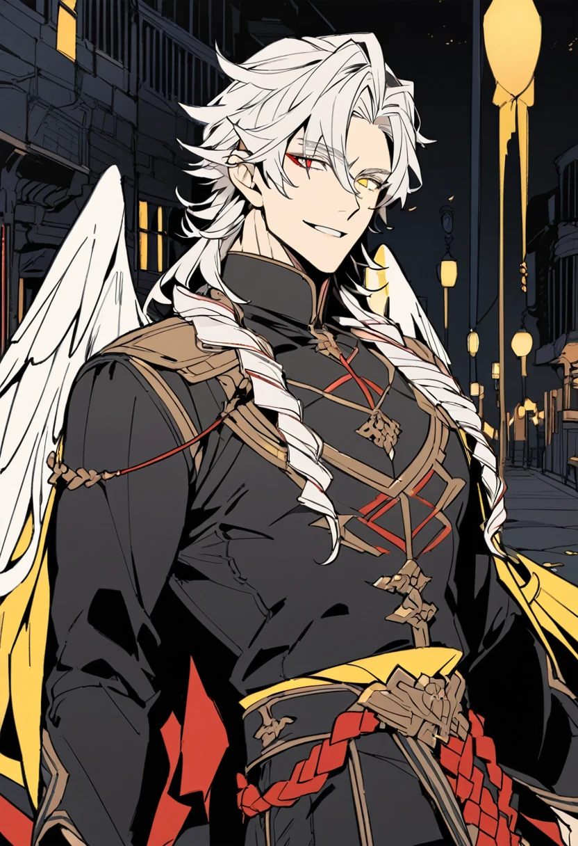 solo, ((waist-length art)), bottom, flat color, dark theme, night, 1 man, (mature man: 1.5), (friendly male face), elf_ear, mole under eye, ((( Long wavy white hair))), detailed eyes, heterochromia, (((left eye YELLOW))), (((right eye RED))), (masculine: 1.5), black fantasy clothing, white wings behind back, looking at viewer, adult, male age , cowboy shot