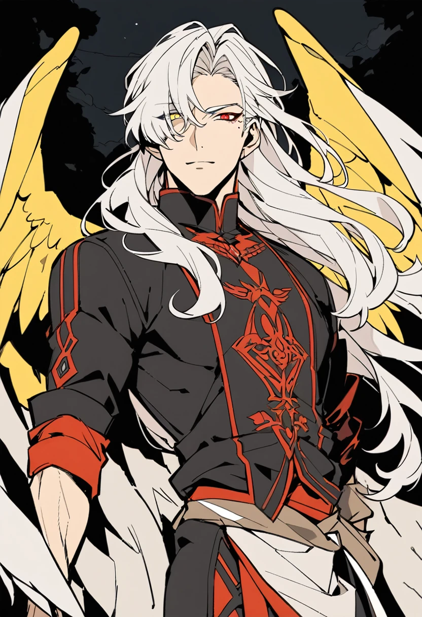 solo, ((waist-length art)), bottom, flat color, dark theme, night, 1 man, (mature man: 1.5), (friendly male face), elf_ear, mole under eye, ((( Long wavy white hair))), detailed eyes, heterochromia, (((left eye YELLOW))), (((right eye RED))), (masculine: 1.5), black fantasy clothing, white wings behind back, looking at viewer, adult, male age , cowboy shot