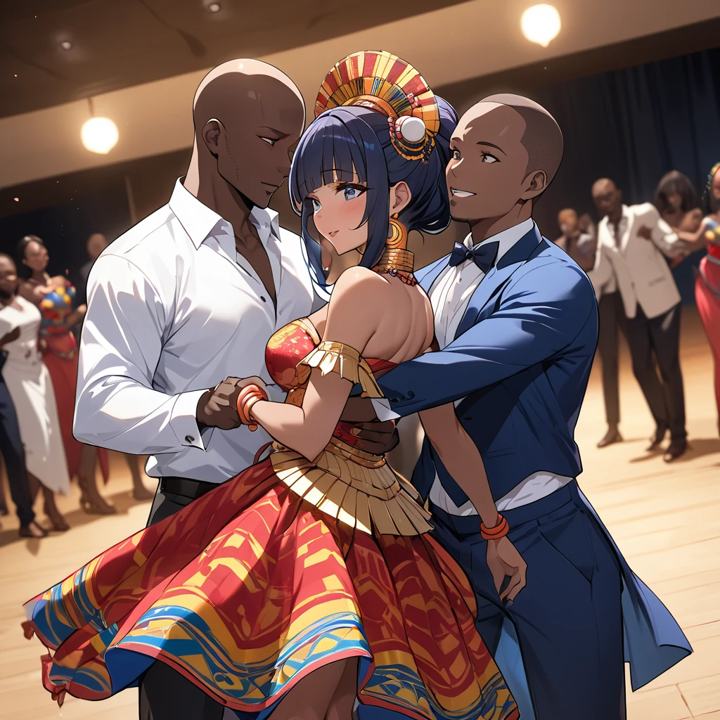 ((Highest quality)), ((masterpiece)), (detailed), (Perfect Face)、The woman is Reika Aoki, a Congolese woman with dark skin and medium-long hair.、The woman is wearing a Congolese costume and dancing the Congolese dance with a man, who proposes to her.