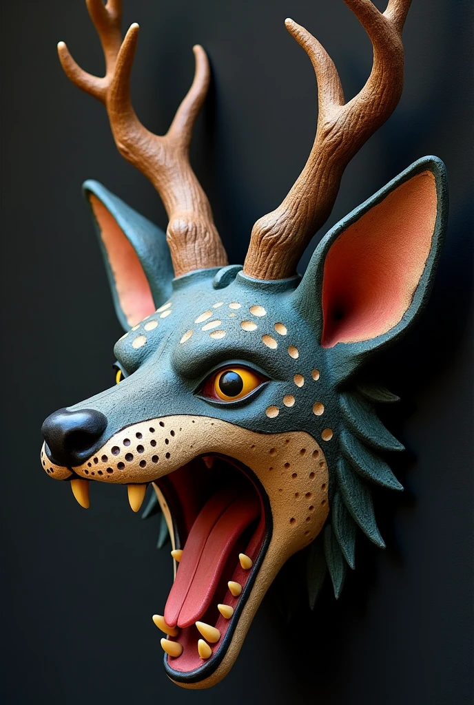 The Nagual Mask, coyote part on the right side, part jaguar on the left side and top part deer with open mouth showing blown tongue with big fangs