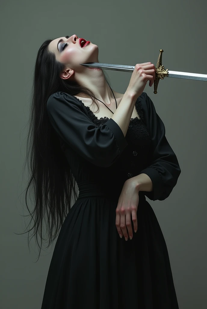 Realism, super quality, portrait photo style, woman stabbing her own throat with sword, her head is thrown back, woman has large masculine Adam's apple, (woman is a 30-year-old goth mom, feminine face, gothic makeup, black dress, pale skin, long hair)