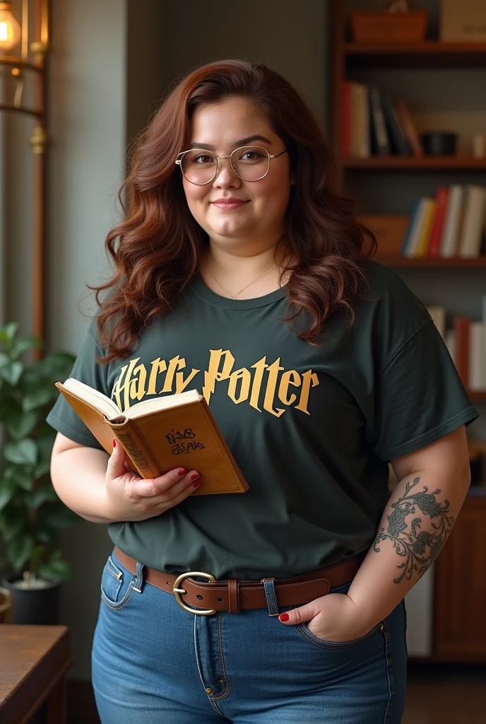 Woman 1,74, robust fat, chestnut wavy hair, eyes browns, with glasses, jeans and harry potter t-shirt, Female teacher, flower tattoo on forearm, notebook that is, golden glasses