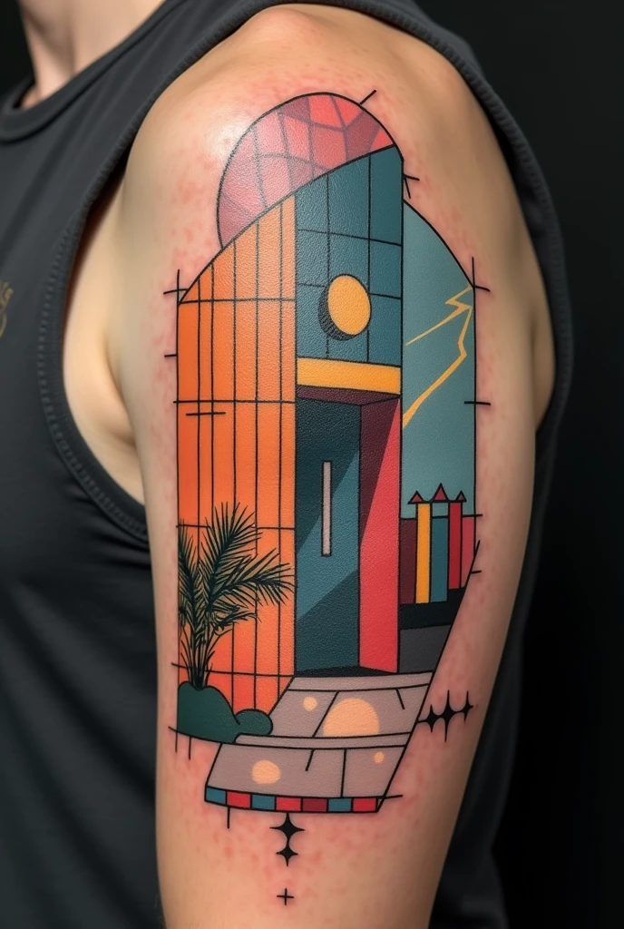 Tattoo of the tile mosaics of the ray movement that starts in the north of Brazil, use featuringo base as imagens desse site https://www.archdaily.featuring.br/br/997637/lightning-that-splits-architecture-between-shards-and-colors-in-the-stop , offwhite,tatoo, skinless,preto e offwhite,tatoo pequena,no triceps