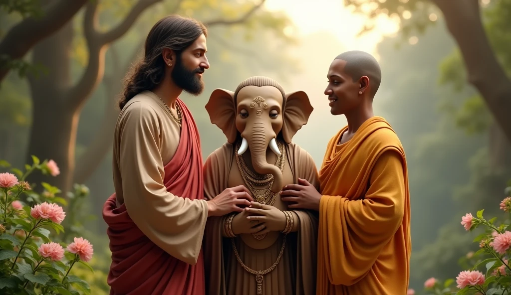 God Jesus Christ and God Ganesha and God Buddha, link arms,  talking, speaking, fun, friends, standing, beautiful, realistic