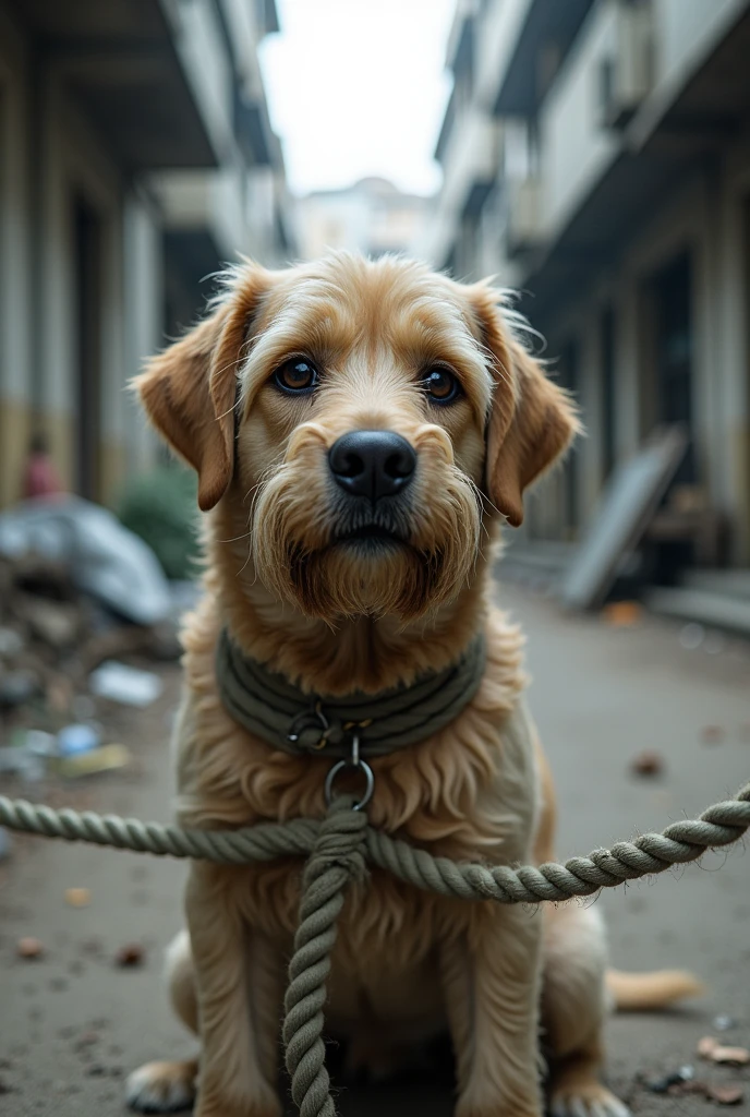 Photo of a stray dog tied with a rope