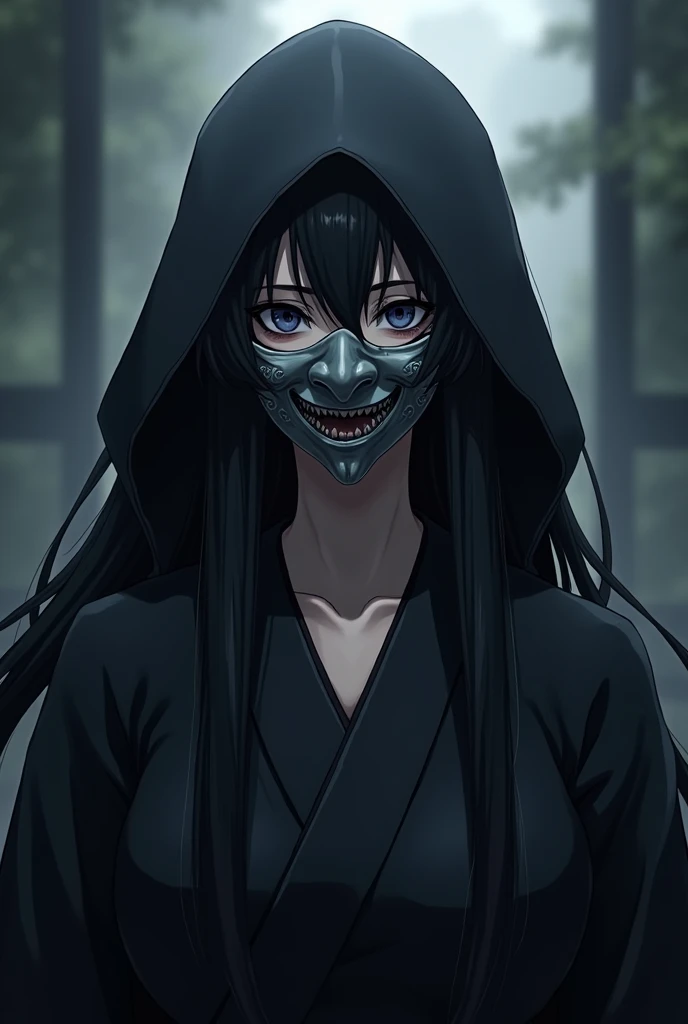Create an anime style character wearing a black hooded kimono with long black hair and a gray Japanese demon mask covering the nose and mouth.