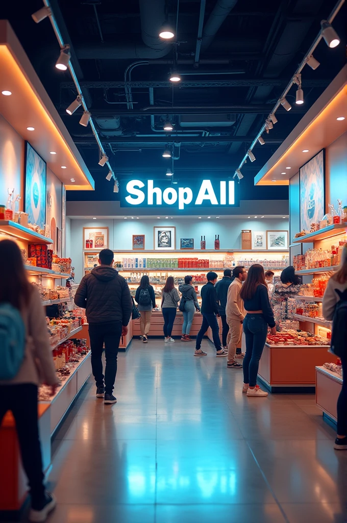 "SHOP ALL" should be prominently displayed in the image, and there should be essential items visible, giving the impression that people have come to shop.