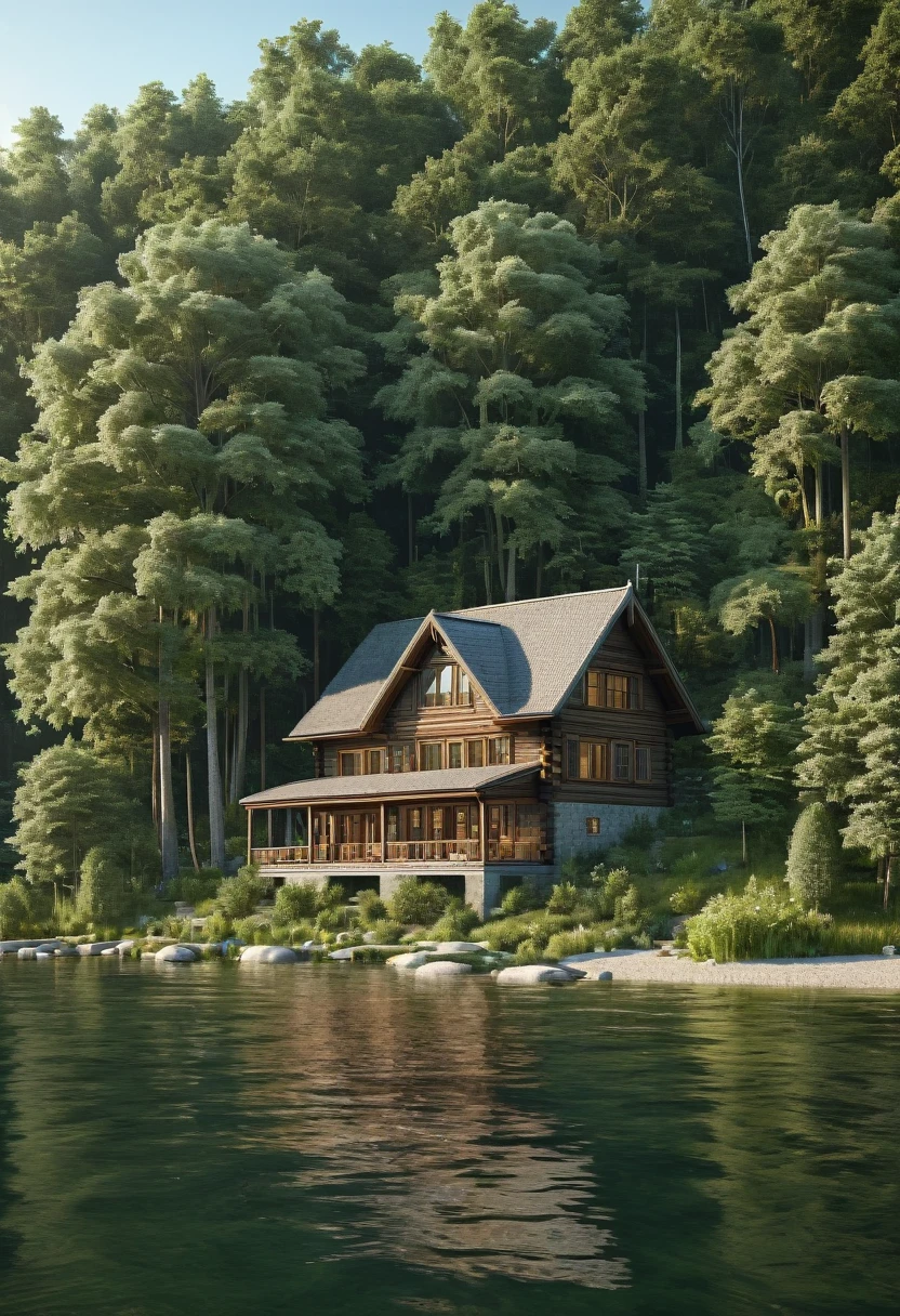 there is a cabin that is sitting on the shore of a lake, cabin in the woods, cottage in the forest, peaceful wooden mansion, shot of a highly detailed, beautiful detailed scene, lake house, cottage in the woods, solitary cottage in the woods, very high detailed, incredibly high detailed, house in forest, build in a forest near of a lake, log cabin