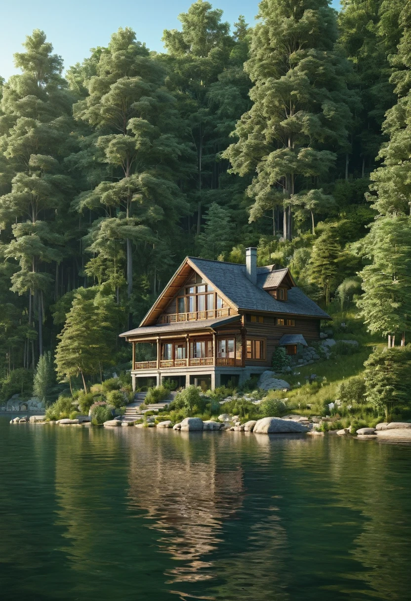 there is a cabin that is sitting on the shore of a lake, cabin in the woods, cottage in the forest, peaceful wooden mansion, shot of a highly detailed, beautiful detailed scene, lake house, cottage in the woods, solitary cottage in the woods, very high detailed, incredibly high detailed, house in forest, build in a forest near of a lake, log cabin