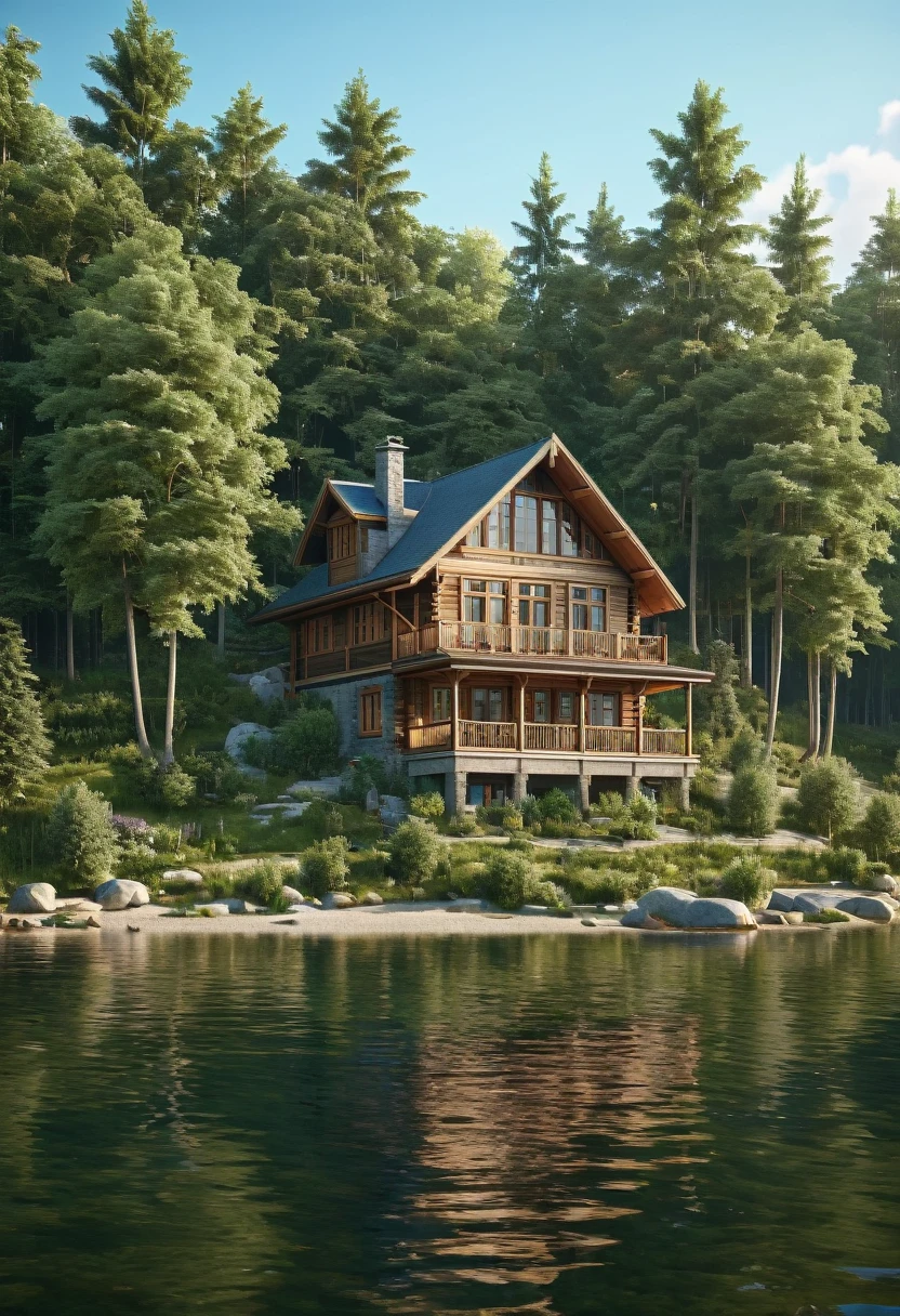 there is a cabin that is sitting on the shore of a lake, cabin in the woods, cottage in the forest, peaceful wooden mansion, shot of a highly detailed, beautiful detailed scene, lake house, cottage in the woods, solitary cottage in the woods, very high detailed, incredibly high detailed, house in forest, build in a forest near of a lake, log cabin