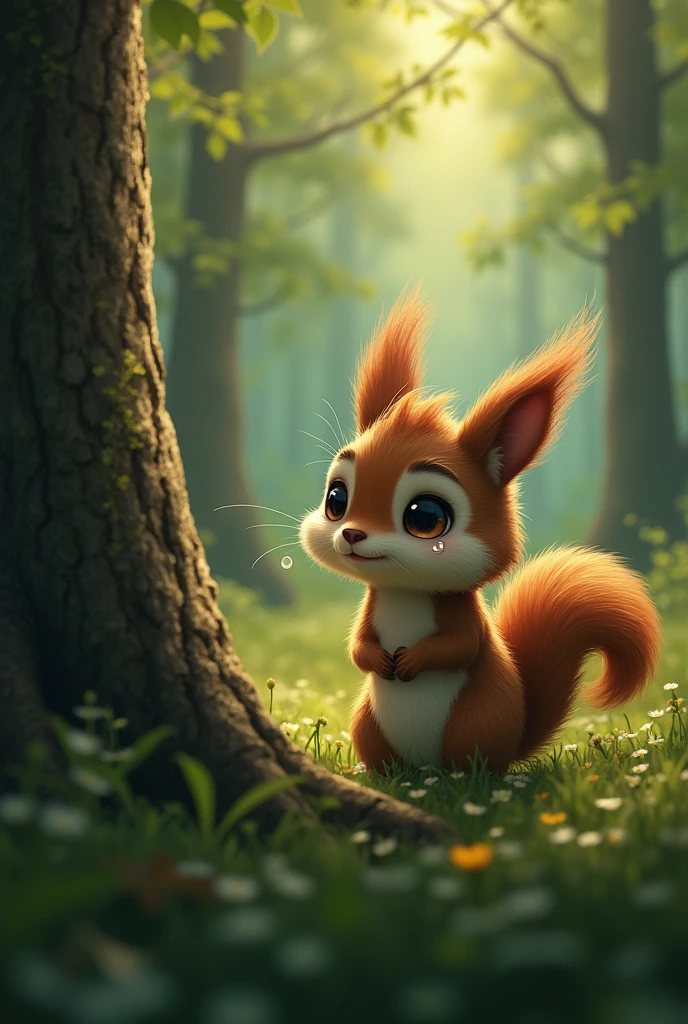 A squirrel shedding many tears while looking at a tree 