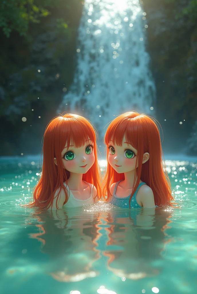 In a waterfall of crystal clear water, the sun shines deep while twin girls with very long red hair and green eyes, detailed faces, delight in the crystal clear and transparent waters, reflecting, the water reflects the image, 8k, 4k, cinematic! high quality!