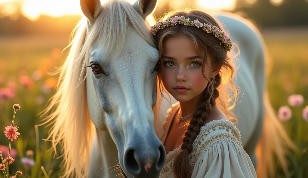 Beautiful young Romani gypsy girl, with traditional clothes, by the wide, Perfect face, Beautiful eyes, in a very beautiful meadow with spring flowers, with perfect lighting, golden hour of the evening, Very detailed, acariciando un Awesome corcel blanco de largas crines, beautiful image, balanced, Awesome, realistic photo, 8k