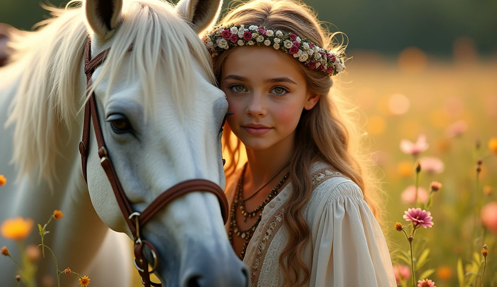 Beautiful young Romani gypsy girl, with traditional clothes, by the wide, Perfect face, Beautiful eyes, in a very beautiful meadow with spring flowers, with perfect lighting, golden hour of the evening, Very detailed, acariciando un Awesome corcel blanco de largas crines, beautiful image, balanced, Awesome, realistic photo, 8k