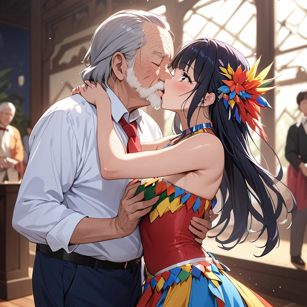 ((Highest quality)), ((masterpiece)), (detailed), （Perfect Face）、The woman is Reika Aoki with semi-long hair、A woman is in a South American salsa costume, kissing and dancing passionately with an old man, and the man proposes to her.