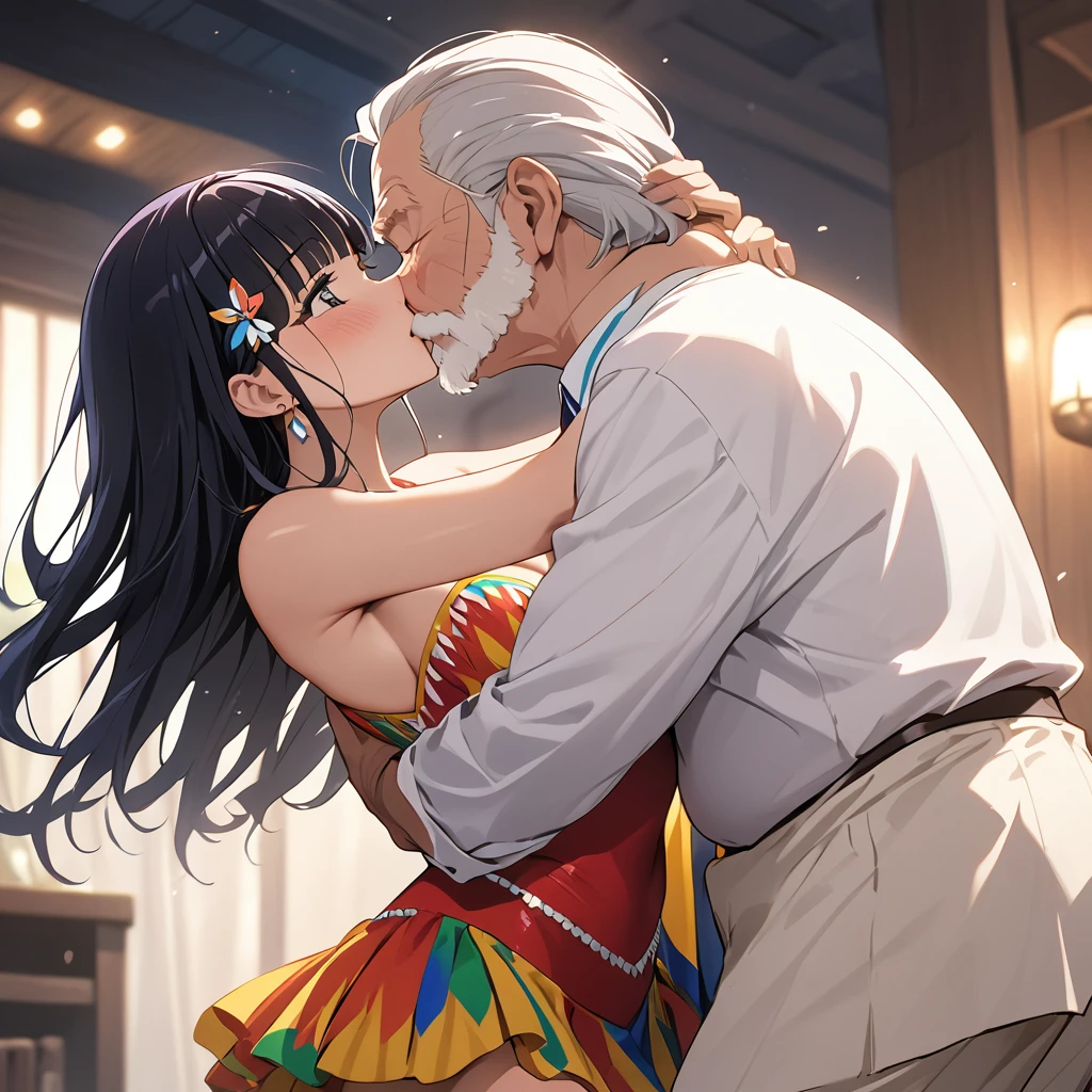 ((Highest quality)), ((masterpiece)), (detailed), （Perfect Face）、The woman is Reika Aoki with semi-long hair、A woman is in a South American salsa costume, kissing and dancing passionately with an old man, and the man proposes to her.