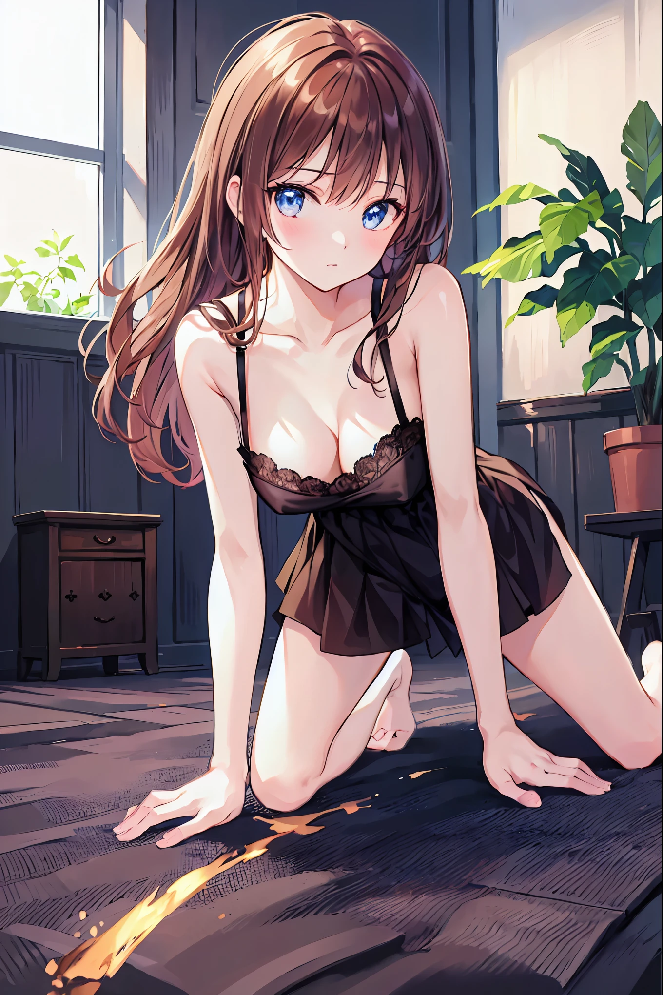 Official Art, unity 8k wallpaper, Very detailedな, masterpiece, Highest quality, 1 female, (Very detailed),(RAW Photos、Highest quality)、(Realistic、Photorealistic:1.3)、Attention to detail、顔のVery detailed複雑な 3D レンダリング、(Very detailed肌:1.2)、Dynamic Angle, Fire glow effect, Professional Lighting, Side light, Cinematic Light, Ultra-high resolution, 8k , Film Grain,Best Shadow, Particles of light, Fine skin, Detailed face, Intricate details, Very detailedな, Shine, Please reconsider、indoor,Foliage plant,Large windows,indirect lighting,Large bed,Brown Hair,Shortcuts,Messy Hair,Slender beauty,Dignified,Small chest,Soft breasts,Beautiful feet,whole body,、Beautiful Face、Blurred Background、1 beautiful girl、Shine肌、thin、Delicate body、thin legs、Black camisole、((Get on all fours))、Her captivating grey-blue eyes shine like stars