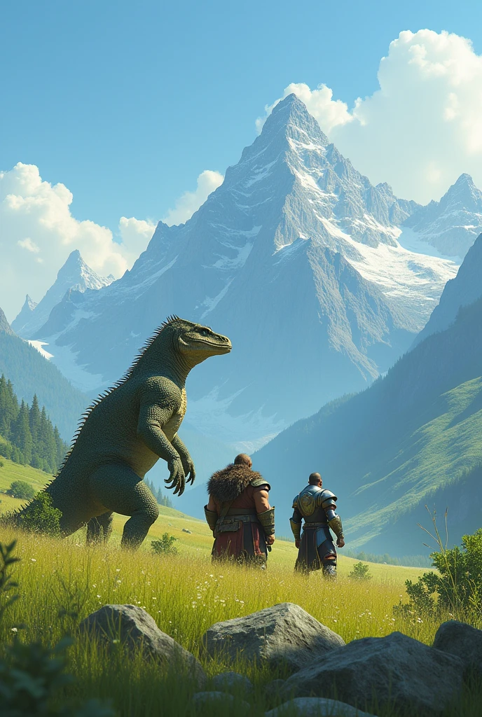 Make a big field full of grass, and next to the image a trio with a dwarf, a lizard man and a knight, looking at the blue sky and admiring the mountain range in the background. Make the lizard man very big and scaly, the biggest and most realistic knight, and the most realistic dwarf , with dark elements, but maintaining the beauty of the mountain range.