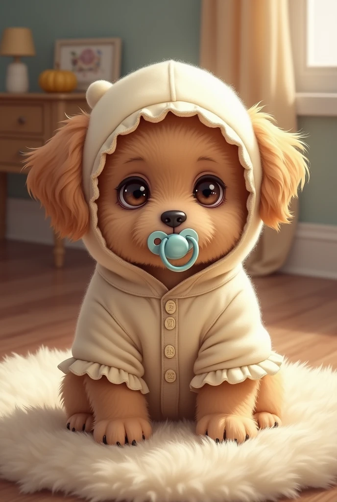 A dog in a baby suit and with a pacifier 