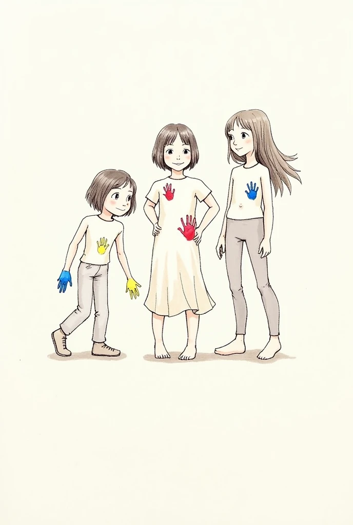 A simple drawing of three girls, two of them with several handprints on their bodies and one with only 2