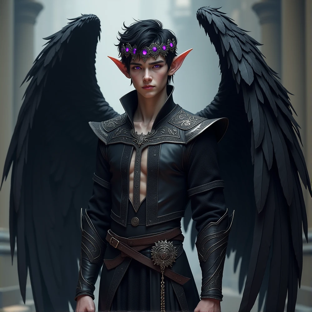 (photorealism:1.2),a teenage Male white with black hair muscular slim male tall elven ears glowing royal purple eyes and fantasy black leather armor and fantasy clothes large highly detailed black feathered wings folded behind his back a black metal circlet inlaid with purple gemstones fully clothed