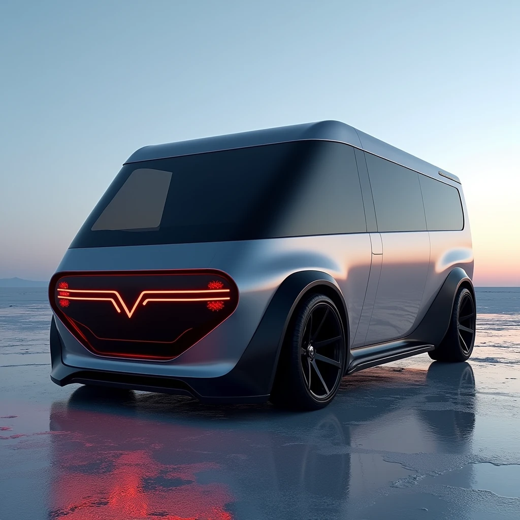 Image haute qualité hd, 16k, Création d'un prototype, futuriste, camionnette utilitaire, année 2035,bicolore gris métallisé et noire, bas de caisse rouge bordeaux, vitre sur teinté noir, feu led diurne allumer, grande et large calandre rectangulaire, haillette, phares led en forme de cercle allumés, Jantes bâton noir, carrosserie angulaire. Lac salé, extérieur, éclairage LED, lumières au teinte blanche et bleutée, reflets sur carrosserie, sportif, long capot avant avec une nervure au milieu en partant du nez avant capot, avec un grand "V" en LED sur la calandre, avec des traits d'anciennes voitures des années 1990, ancien.