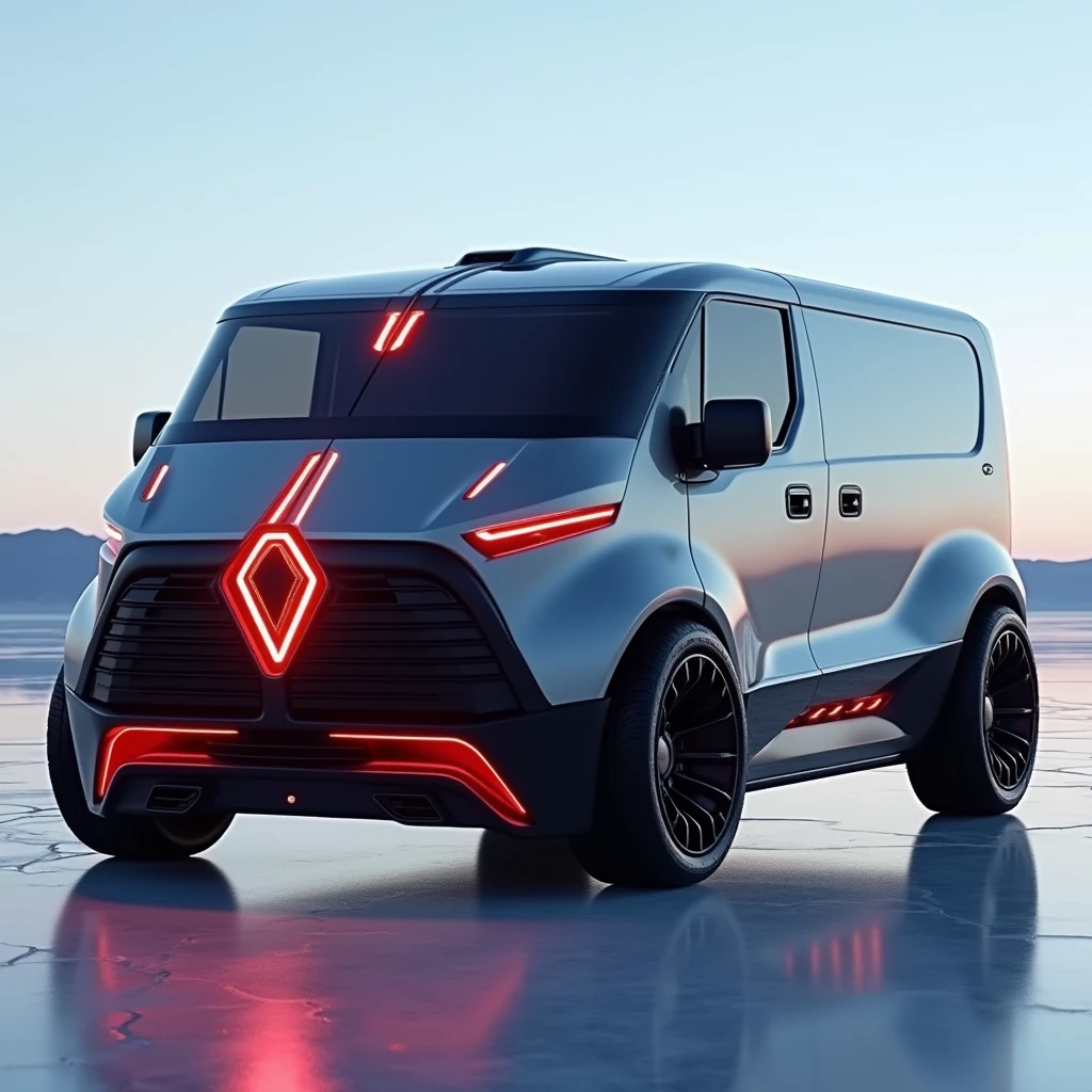 Image haute qualité hd, 16k, Création d'un prototype, futuriste, camionnette utilitaire, année 2035,bicolore gris métallisé et noire, bas de caisse rouge bordeaux, vitre sur teinté noir, feu led diurne allumer, grande et large calandre rectangulaire, haillette, phares led en forme de cercle allumés, Jantes bâton noir, carrosserie angulaire. Lac salé, extérieur, éclairage LED, lumières au teinte blanche et bleutée, reflets sur carrosserie, sportif, long capot avant avec une nervure au milieu en partant du nez avant capot, avec un grand "V" en LED sur la calandre, avec des traits d'anciennes voitures des années 1990, ancien.