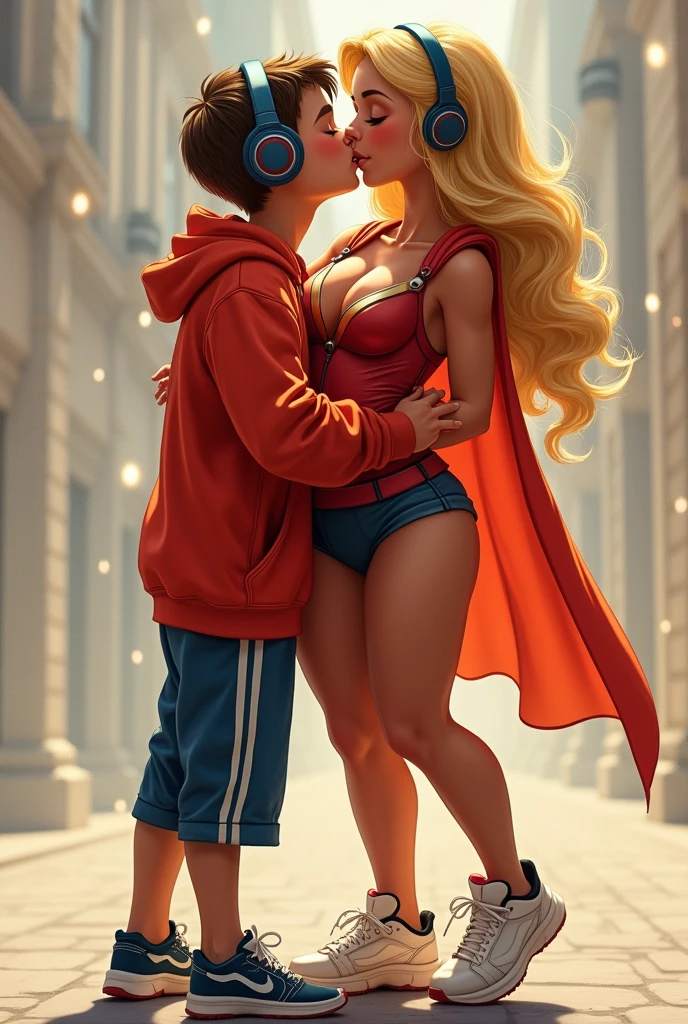 Young boy with red hoodie, headphones and tennis Vs. Super Girl (Big tits), power, fiction, full body, 2 person, Romance, Embrace, kiss