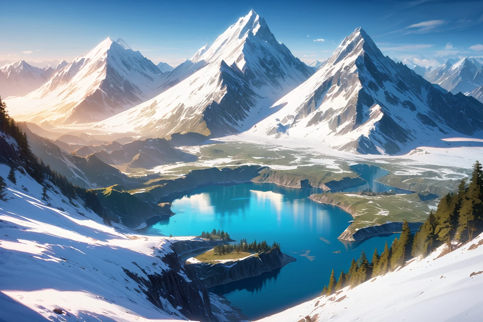 Generate an image of a mountain from the summit and a river in the summit. The image should be 8k super high megapixel and full detailed. The mountain should be a majestic snow-capped peak, and the river should be a winding stream that flows through the valley below. The image should be realistic and lifelike, with stunning detail and clarity.
Here are some additional details that you can include in the prompt:
The mountain should be located in a remote and wild area.
The river should be crystal clear and surrounded by lush vegetation.
The sky should be a clear blue with a few puffy white clouds.
The sun should be shining brightly, casting shadows on the mountain and river.
The image should be taken from a high altitude, so that the entire mountain and river can be seen in the frame.