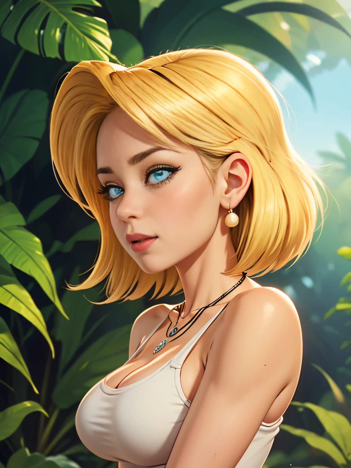 1girl, alone, Lori Loud, Digital art, Lori Loud, sexy,blonde hair, short hair, perfect eyes, blue eyes, bone necklace, Detailed clothes, masterpiece, symmetrical, excited face, big breasts, medium thigh medium waist, wide hips, Jungle, front View, Bokeh, 4K Masterpiece, HDR