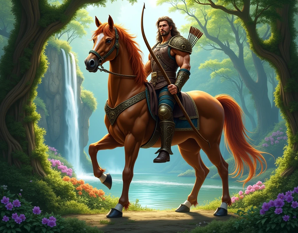 A majestic Centaur standing proudly in a lush, ancient forest. The Centaur has a (combination of the powerful, muscular body of a sleek, chestnut horse with a glossy coat, and the upper body of a warrior with well-defined muscles in one creature:1.4), adorned in ornate leather armor. His long, flowing hair cascades over his broad shoulders, and he holds a beautifully crafted bow, with arrows strapped to his back. His eyes are fierce yet wise, reflecting centuries of knowledge.

The forest around him is alive with towering, ancient trees covered in thick, emerald-green moss, their roots twisting like serpents over the forest floor. Sunlight filters through the dense canopy above, casting dappled shadows on the ground. A faint mist lingers in the air, adding a mystical aura to the scene. In the background, a hidden waterfall cascades down a series of rocky cliffs, creating a serene pool surrounded by vibrant, blooming wildflowers. The sound of rustling leaves and distant bird songs fills the air, adding to the enchanting atmosphere of this otherworldly realm.