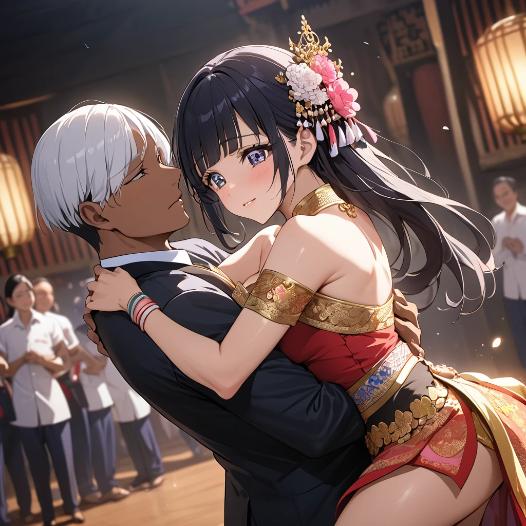 ((Highest quality)), ((masterpiece)), (detailed), (Perfect Face)、The woman is Reika Aoki, a dark-skinned Thai with semi-long hair.、A woman is wearing a Thai dance costume in Thailand and dancing the Thai dance Ram while being hugged by a man