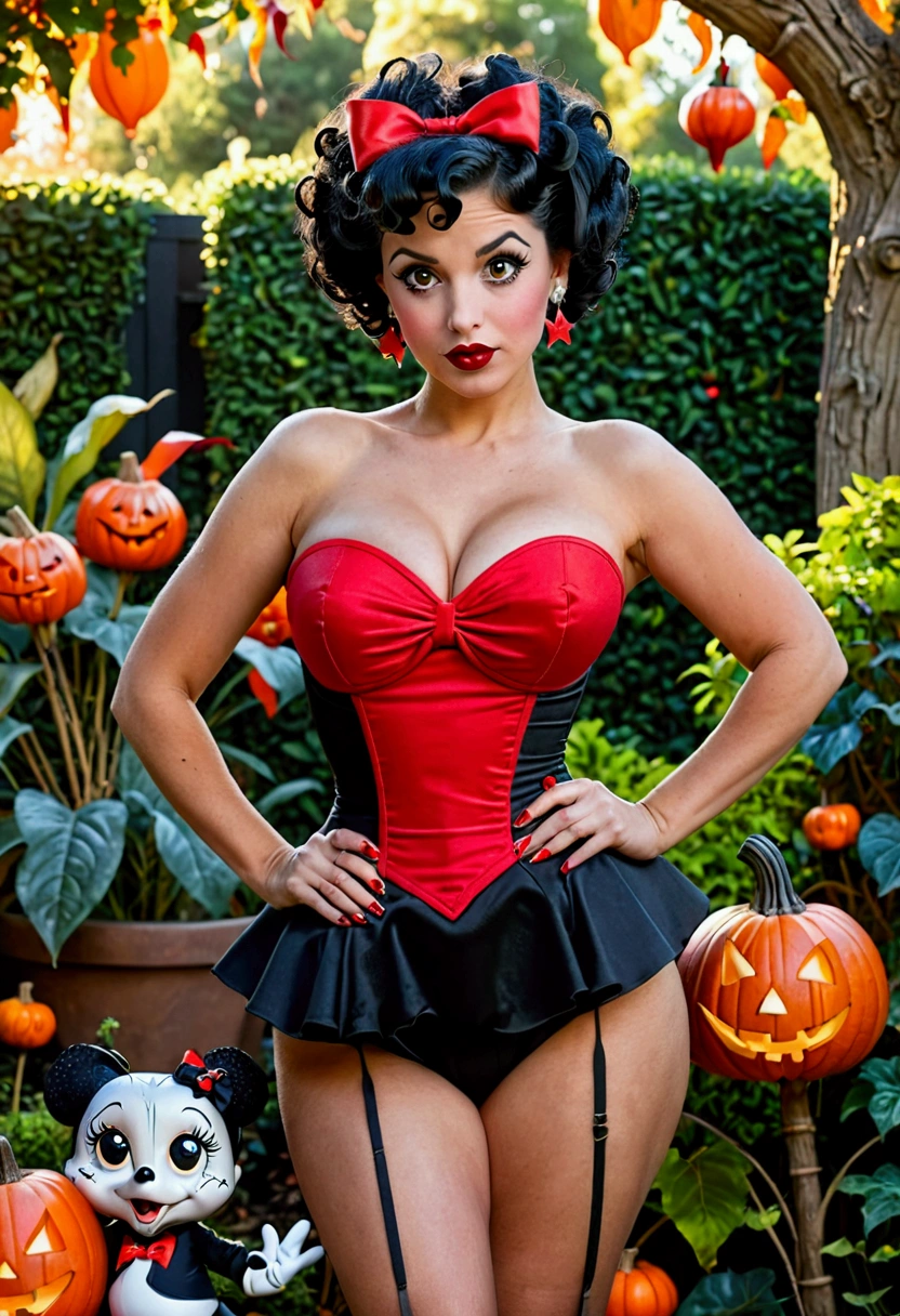 Araffe dressed in a red corset and a black skirt posing for a photo, Betty Boop, comic pin up style, pin up, pin up body, in a Hallowe&#39;en style, pin up, pin up style, the debt, pin up, pin up, red and black suit!!!, pin up girl, pin up model, inspired by Tex Avery, Hallowe&#39;en, I cheat the deal, Minnie mouse