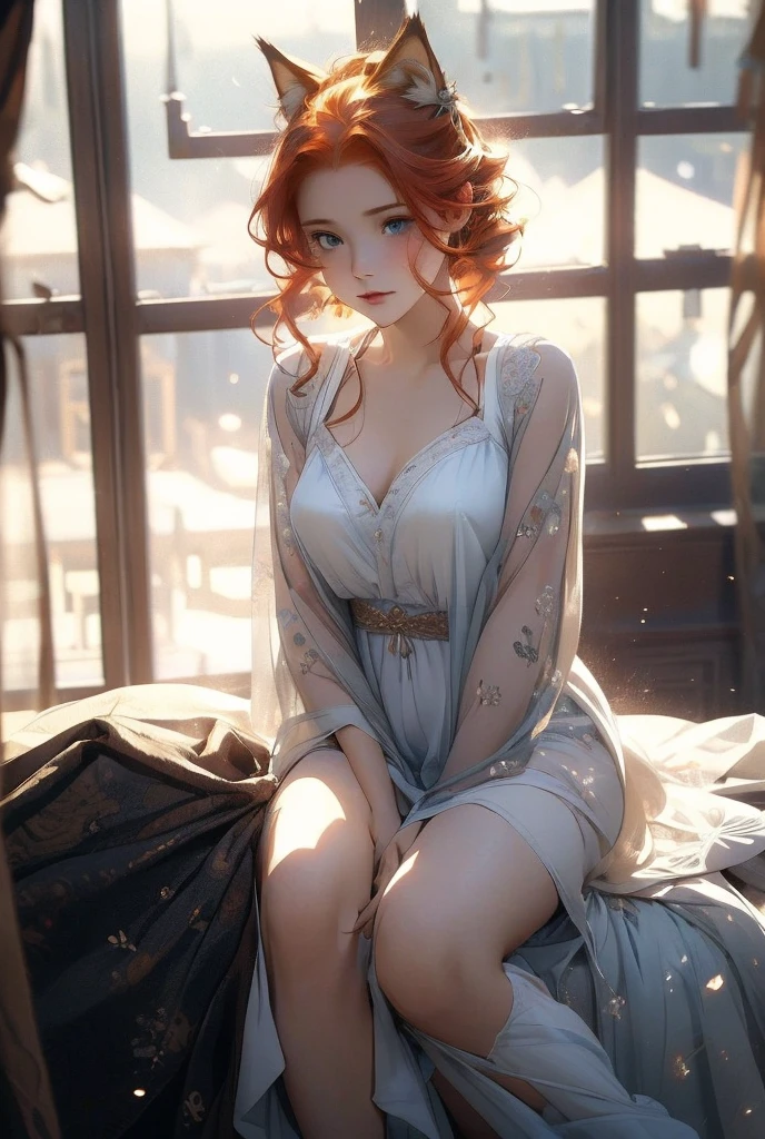 ((((masterpiece, best quality, high resolution)))), Extremely detailed 8K, Beautiful girl with voluptuous body, (Ultra HD, Ultra-detailed, Highly detailed, Highly realistic, Ultra-realistic, photograph realistic), (1girl:1.5), (Realistic red hair), long messy hair, (dynamic poses), facing at camera, looking at viewer, (blushing red, embarrassed, smile), (hazel eyes, sharp eyes), (big perky breasts:1.2), (beautiful detailed face, beautiful detailed eyes), ((white satin nightgown, thin material)), (standing up), sweat, glow, (sunbeam, sunlight), ((cowboy shot)), bedroom