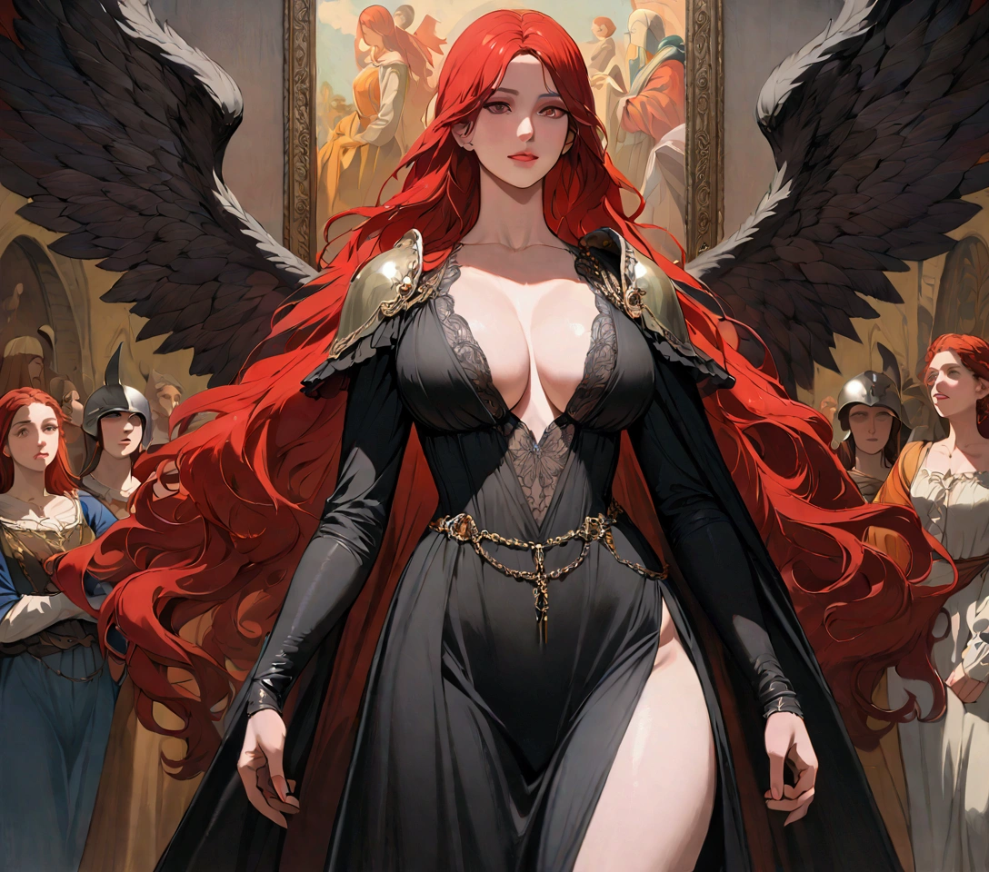 Tall woman, long red hair, perfect body, large breast,black dress, helmet, wings, renaissance painting