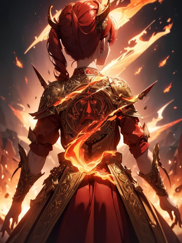 (((best quality, sharp image, clear image, cinematic lighting, 8k resolution, masterpiece, ultra detailed, intricate))) Girl, sorcerer, cute, intricate dress, smiling, fiery red, ((intricate background)), (rune frame), dimension, ((shot from behind)), fire sigils, chaotic background.