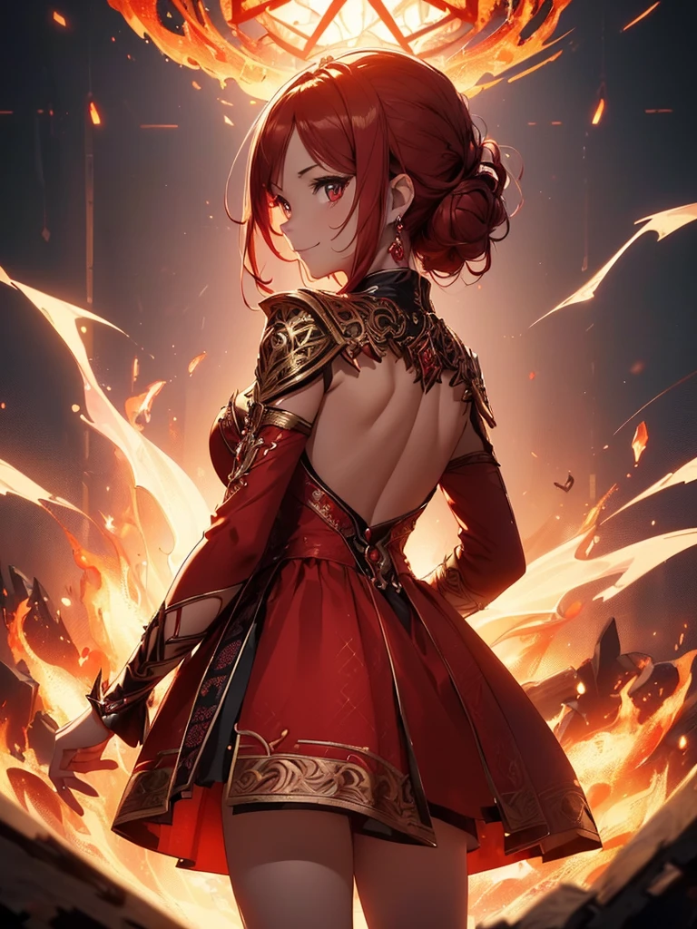 (((best quality, sharp image, clear image, cinematic lighting, 8k resolution, masterpiece, ultra detailed, intricate))) Girl, sorcerer, cute, intricate dress, smiling, fiery red, ((intricate background)), (rune frame), dimension, ((shot from behind)), fire sigils, chaotic background.