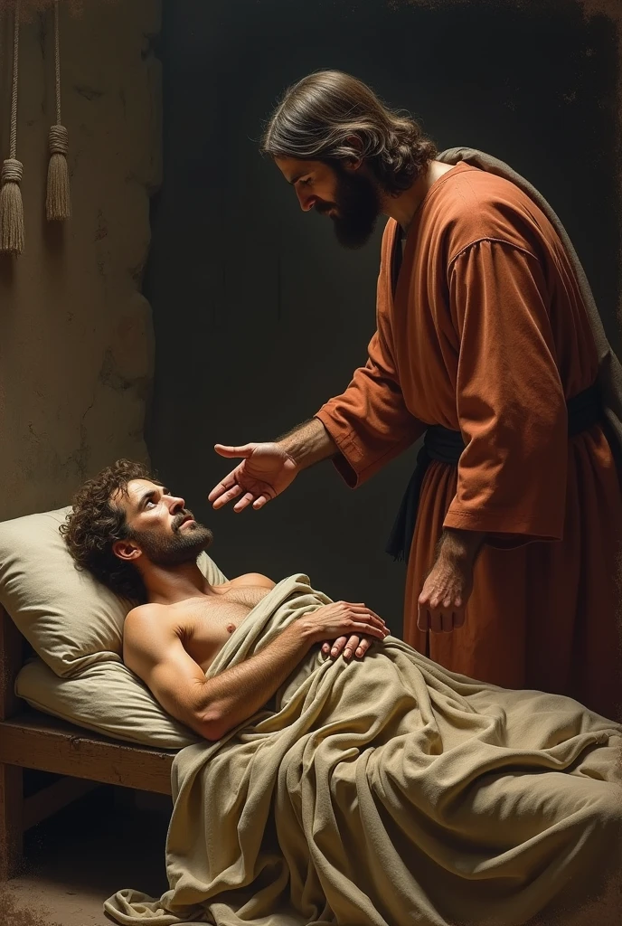 Can you visualize an image for a job?, of a sick peasant and Jesus at his side.
