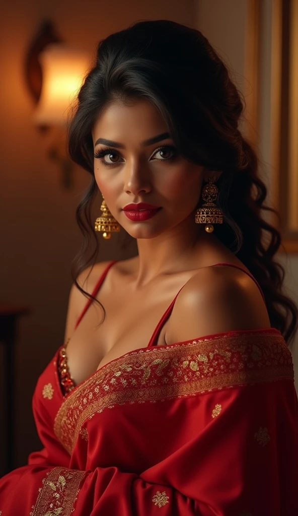 a beautiful chubby indian woman with wolf cut hairstyle, wearing a red saree and bra, with super delicious body, huge breast, extremely detailed face, full lips with red lipstick, high quality, digital art, hyperrealistic, 8k, cinematic lighting, dramatic colors, photorealistic