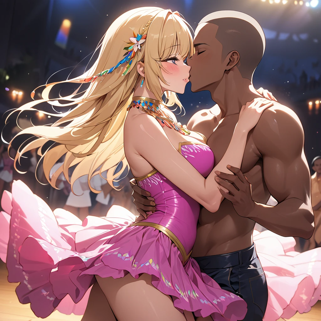 ((Highest quality)), ((masterpiece)), (detailed), （Perfect Face）、The woman is Reika Aoki, a Latin American with dark skin and medium-long blonde hair.、A woman is wearing a Lambada costume and dancing the Lambada in South America, kissing a man