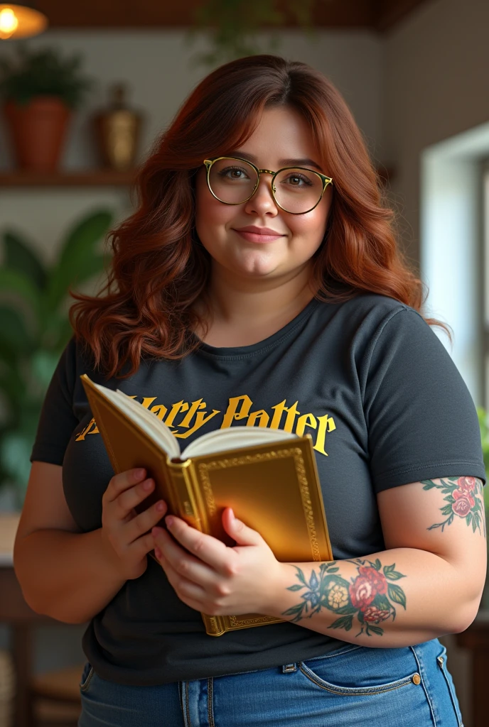 Woman 1,74, robust fat, chestnut wavy hair, eyes browns, with glasses, jeans and harry potter t-shirt, Female teacher, flower tattoo on forearm, notebook that is, golden glasses