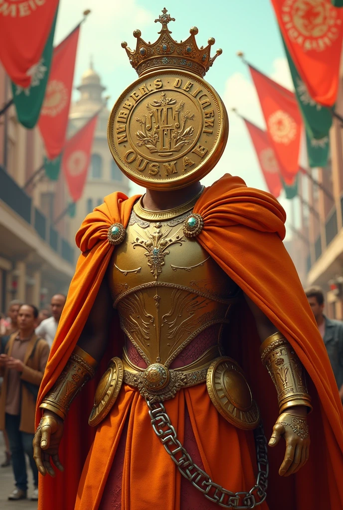 A king whose head is big and looks like a coin and has orange armor and a beautiful crown enters the city. At the entrance of this city , there is a flag written "MEXC" and everywhere in this city there is this flag