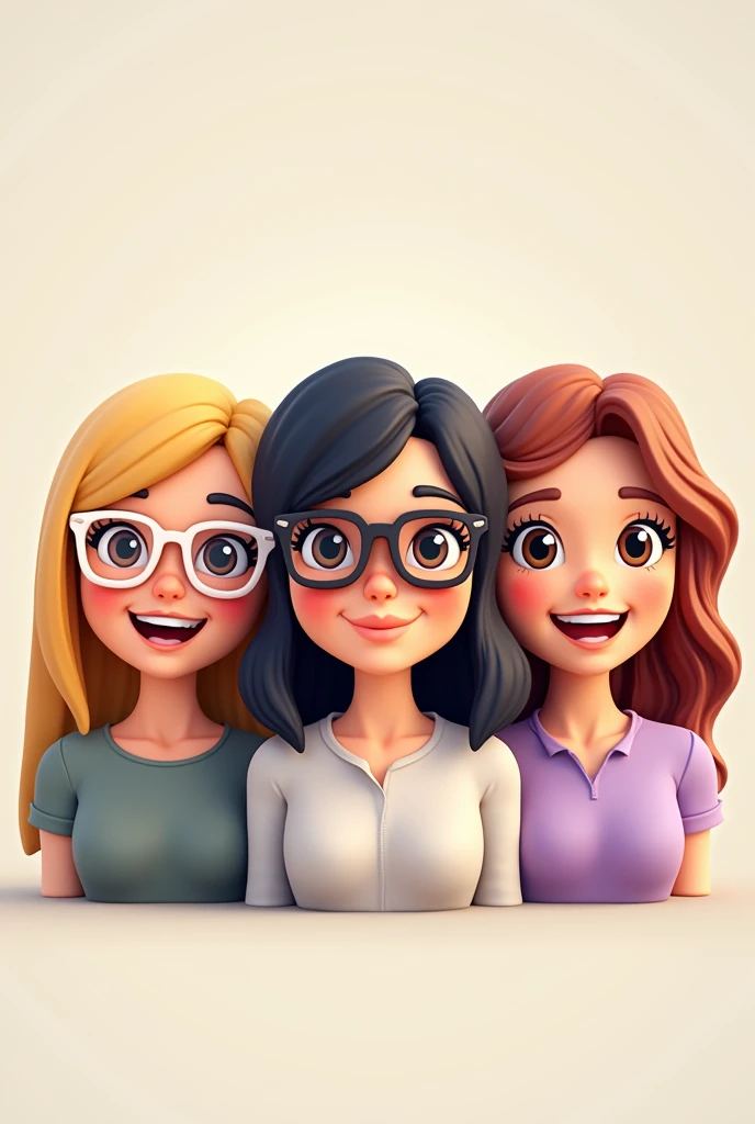 create three cheerful teacher avatars bitmoji style. A teacher with long hair, blond and straight, she wears white-framed glasses. A teacher has black hair, Medium & Smooth, wears prescription glasses. A white teacher, shoulder length reddish brown wavy hair Brown eyes and very sweet and gentle, lilac clothing