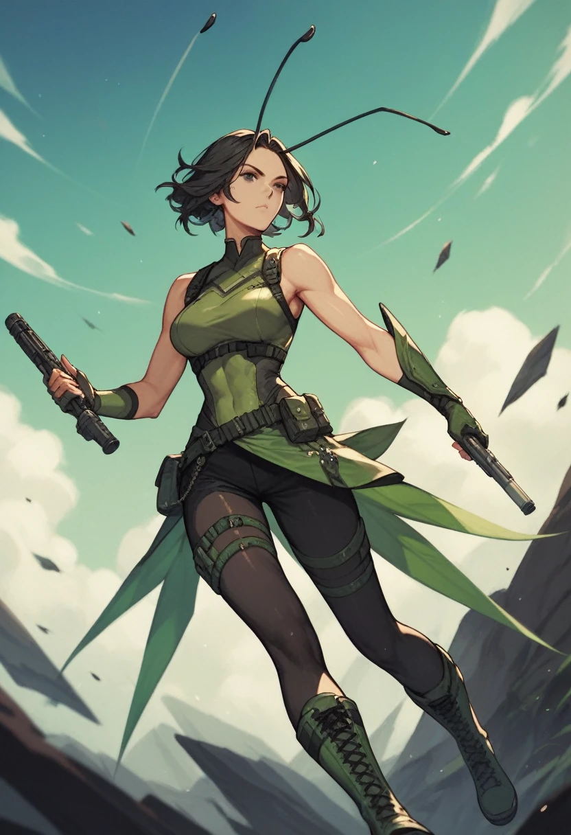 1girl, black eyes, black seamless hair, shoulder-length, antennas, sleeveless, dark green bodysuit, black pants, dark green battle skirt, dark green boots