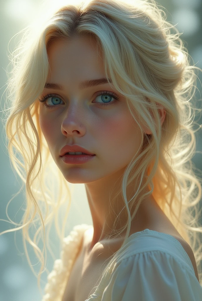 create a blonde woman, Blue-eyed, about 1,