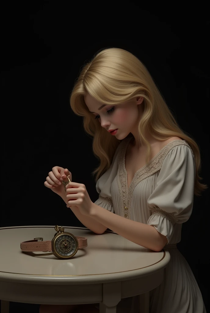 Create the image of a blonde girl sitting next to a table, He must be holding a watch and winding it up, The room he is in is completely black