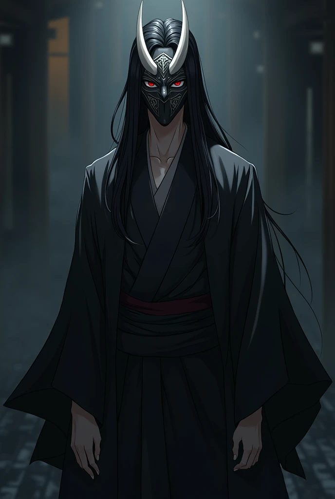 Create an anime style male character wearing a black kimono with a hood and long black hair with a gray Japanese demon mask covering his nose and mouth.