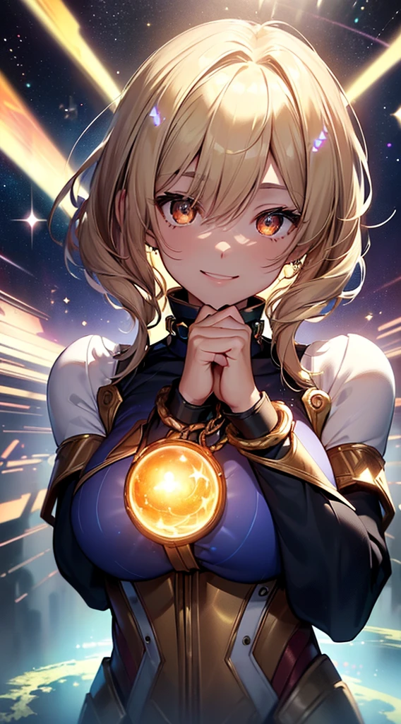 top-quality、Top image quality、masterpiece、girl with((18year old、Cosmic Metallic Armor、Best Bust、Bust 90、a blond、Semi-long、Glowing eyes、open chest wide、Valley、Happiness、Luminous Chain Accessories、Cosmic Accessories、weightless、fists up、The best smile、Laser from both hands,top down、Reflecting the whole body、Looking up at the viewer)hiquality、visualart、Background with(spaces、stele々、kosmos))、masutepiece、Best graphics、Super delicate