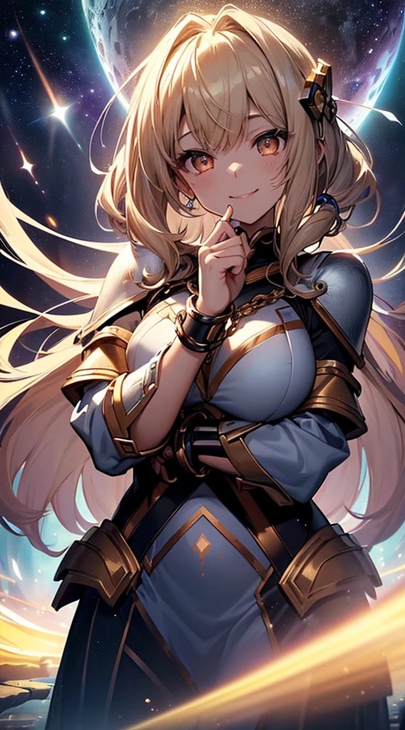 top-quality、Top image quality、masterpiece、girl with((18year old、Cosmic Metallic Armor、Best Bust、Bust 90、a blond、Semi-long、Glowing eyes、open chest wide、Valley、Happiness、Luminous Chain Accessories、Cosmic Accessories、weightless、fists up、The best smile、Laser from both hands,top down、Reflecting the whole body、Looking up at the viewer)hiquality、visualart、Background with(spaces、stele々、kosmos))、masutepiece、Best graphics、Super delicate